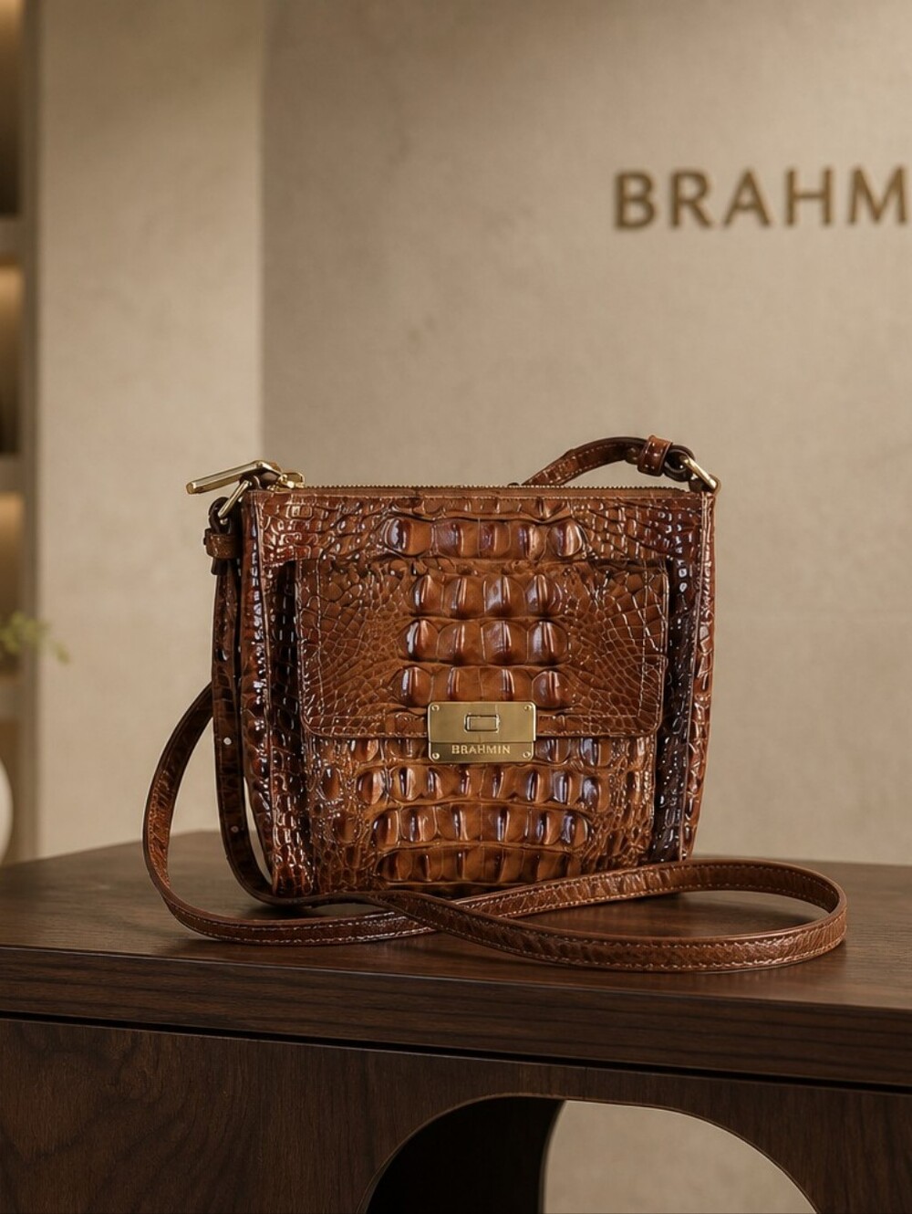 Brahmin Cognac Croc-Embossed Leather Crossbody with Gold Plate